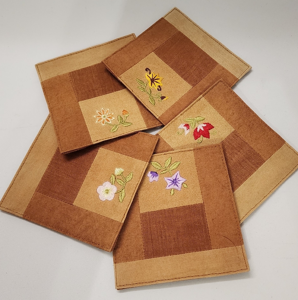Vintage Japanese Embroidered Patchwork Coasters 4x4" Lot of 5 Floral Hanko Stamp